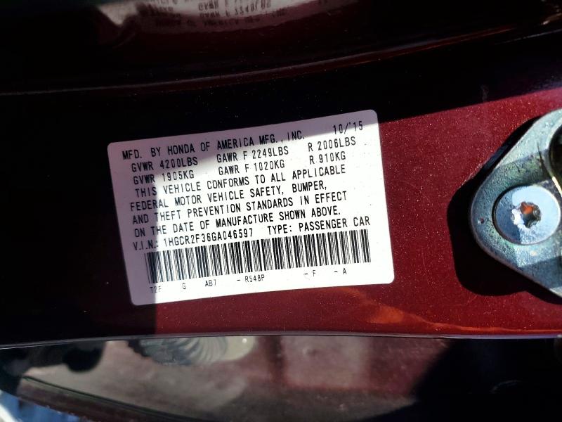 Auction sale of the 2016 Honda Accord, vin: 1HGCR2F36GA046597, lot number: 65706506