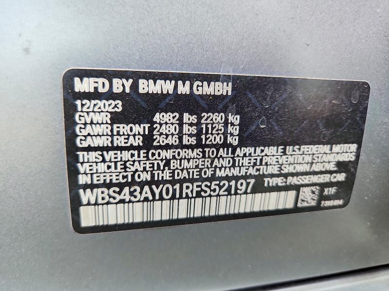 2024 Bmw M3 მანქანა იყიდება აუქციონზე, vin: WBS43AY01RFS52197, აუქციონის ნომერი: 64649726