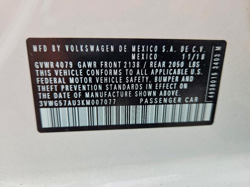 2019 Volkswagen Golf მანქანა იყიდება აუქციონზე, vin: 3VWG57AU3KM007077, აუქციონის ნომერი: 66652636