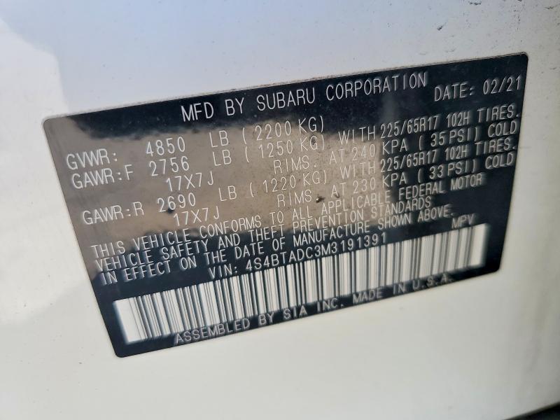 65660596 :رقم المزاد ، 4S4BTADC3M3191391 vin ، 2021 Subaru Outback مزاد بيع