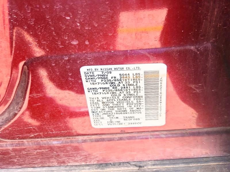 67169186 :رقم المزاد ، JN8AZ18U69W103705 vin ، 2009 Nissan Murano مزاد بيع