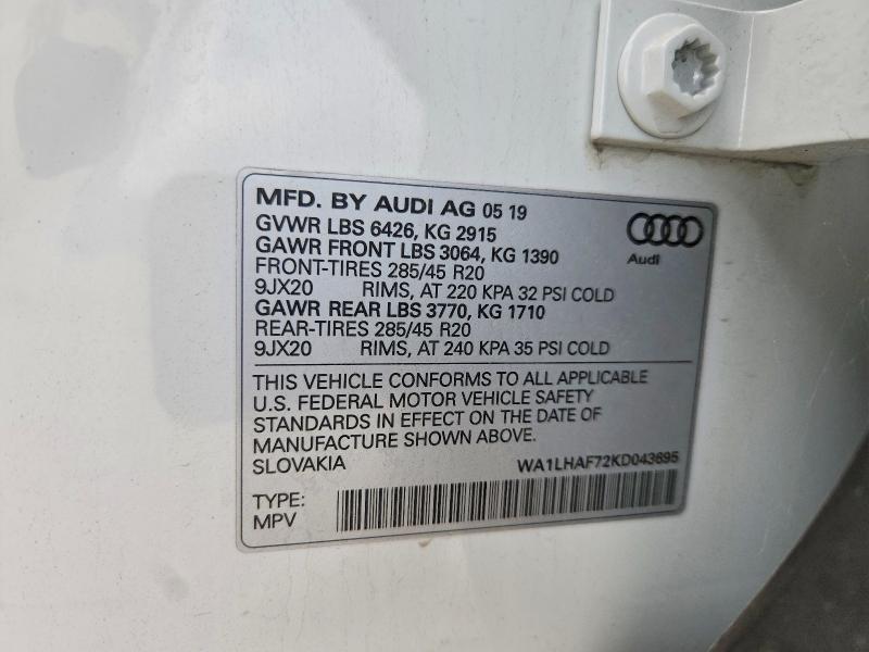 Aukcja sprzedaży 2019 Audi Q7, vin: WA1LHAF72KD043695, numer aukcji: 63862076