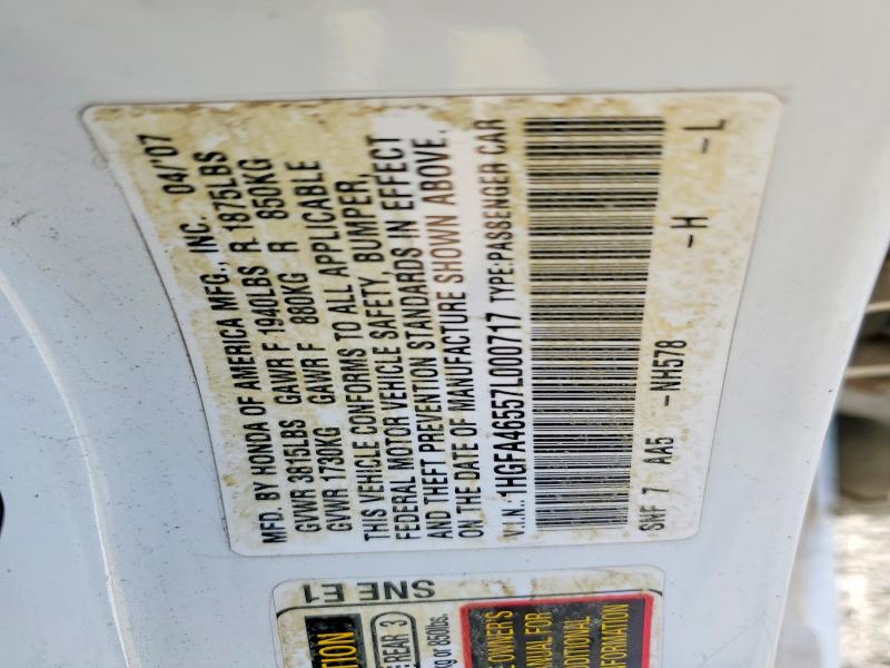 64989356 :رقم المزاد ، 1HGFA46557L000717 vin ، 2007 Honda Civic مزاد بيع