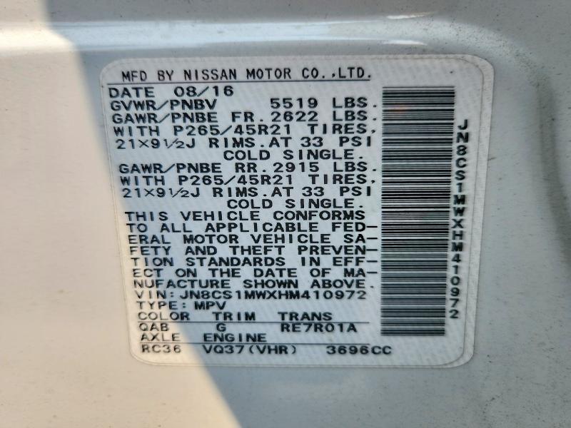 Aukcja sprzedaży 2017 Infiniti Qx70, vin: JN8CS1MWXHM410972, numer aukcji: 63782196