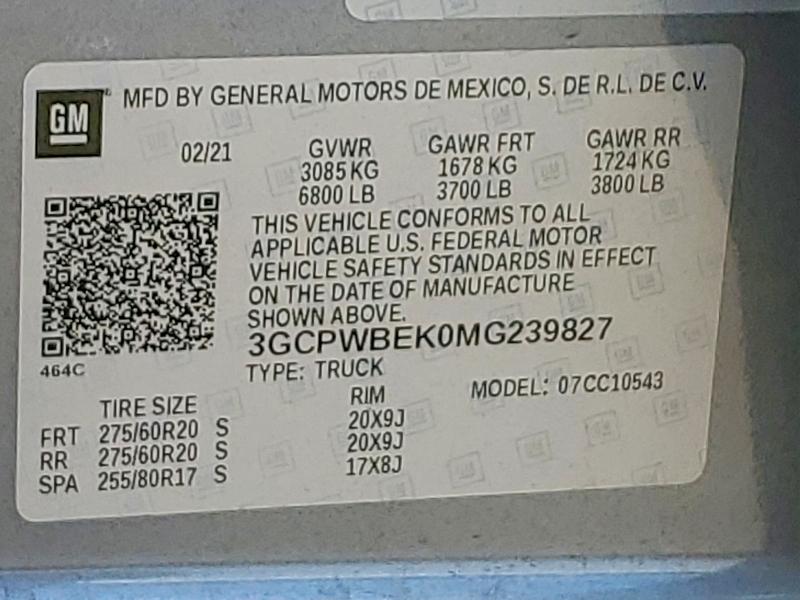2021 Chevrolet Silverado მანქანა იყიდება აუქციონზე, vin: 3GCPWBEK0MG239827, აუქციონის ნომერი: 64323646