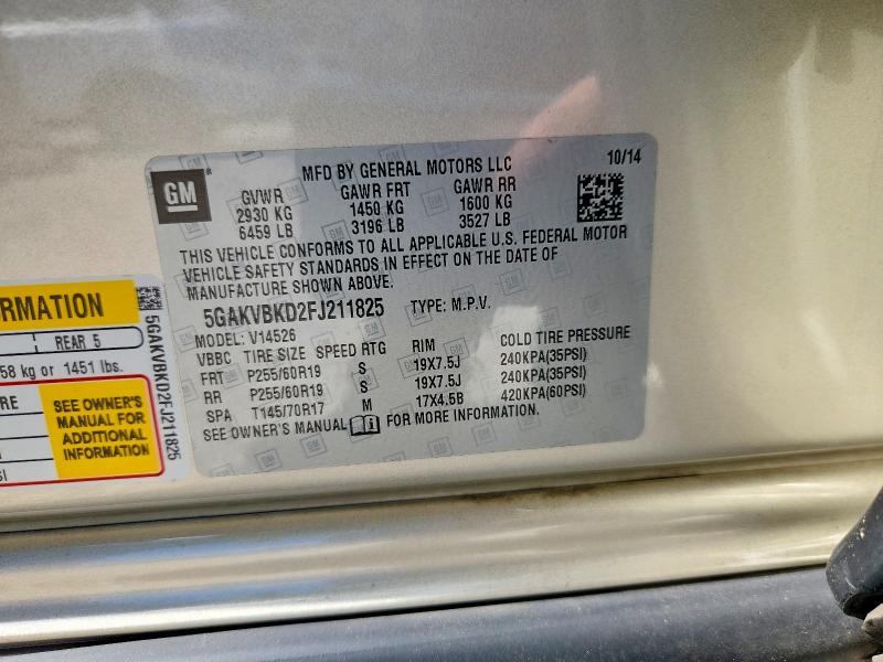 2015 Buick Enclave მანქანა იყიდება აუქციონზე, vin: 5GAKVBKD2FJ211825, აუქციონის ნომერი: 64545926
