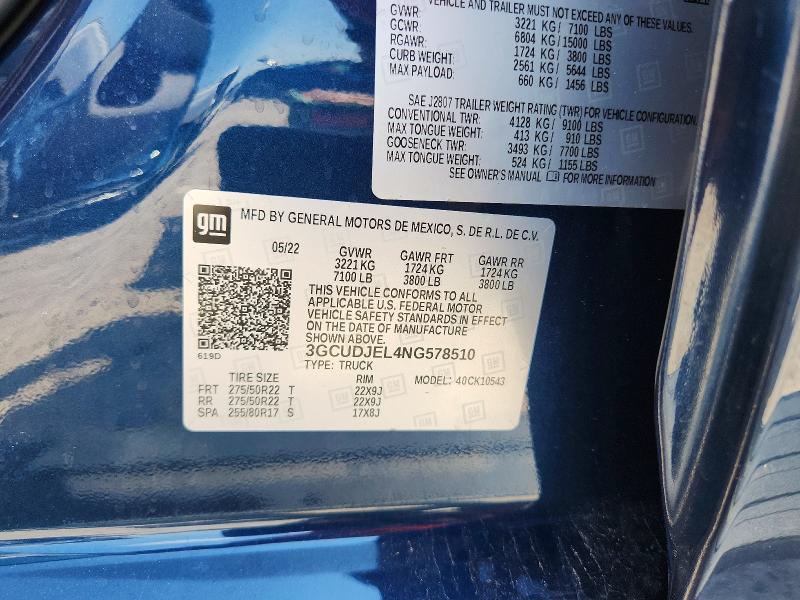2022 Chevrolet Silverado მანქანა იყიდება აუქციონზე, vin: 3GCUDJEL4NG578510, აუქციონის ნომერი: 67310656