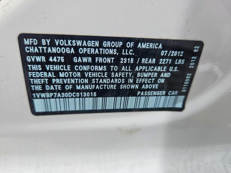 2013 Volkswagen Passat მანქანა იყიდება აუქციონზე, vin: 1VWBP7A30DC013015, აუქციონის ნომერი: 63400676