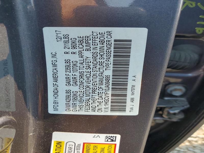 62648736 :رقم المزاد ، 1HGCV1F10JA064895 vin ، 2018 Honda Accord مزاد بيع
