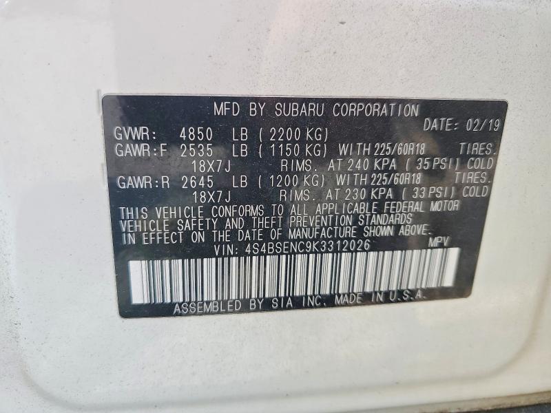 Aukcja sprzedaży 2019 Subaru Outback, vin: 4S4BSENC9K3312026, numer aukcji: 66709386