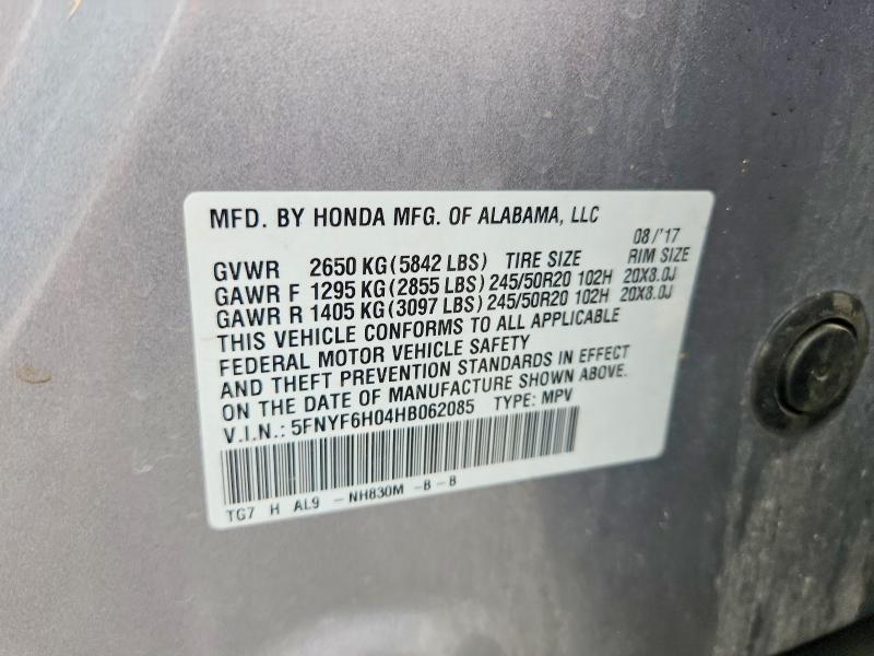63584436 :رقم المزاد ، 5FNYF6H04HB062085 vin ، 2017 Honda Pilot مزاد بيع