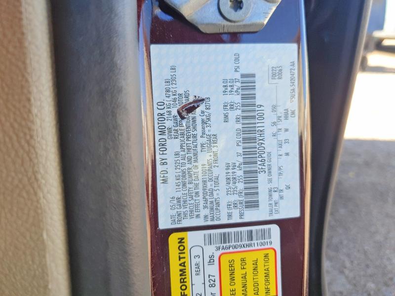 64093596 :رقم المزاد ، 3FA6P0D9XHR110019 vin ، 2017 Ford Fusion مزاد بيع