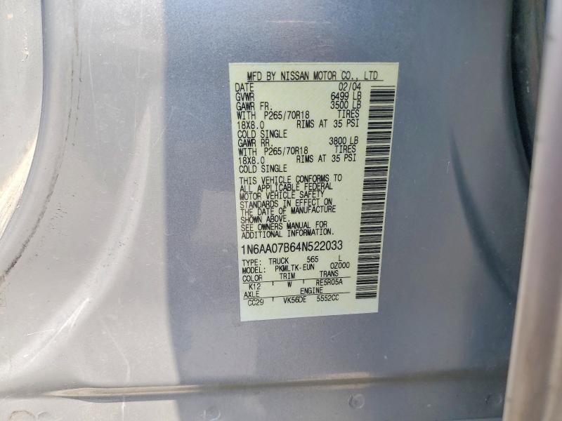2004 Nissan Titan მანქანა იყიდება აუქციონზე, vin: 1N6AA07B64N522033, აუქციონის ნომერი: 62866426