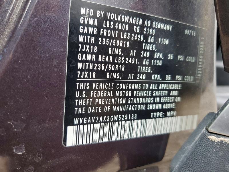 65696546 :رقم المزاد ، WVGAV7AX3GW529133 vin ، 2016 Volkswagen Tiguan مزاد بيع