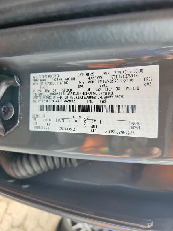 2020 Ford F150 მანქანა იყიდება აუქციონზე, vin: 1FTFW1RGXLFC62852, აუქციონის ნომერი: 65411386
