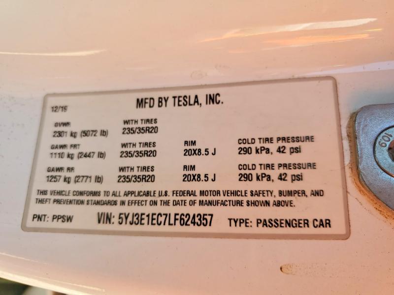 2020 Tesla Model 3 მანქანა იყიდება აუქციონზე, vin: 5YJ3E1EC7LF624357, აუქციონის ნომერი: 67194656
