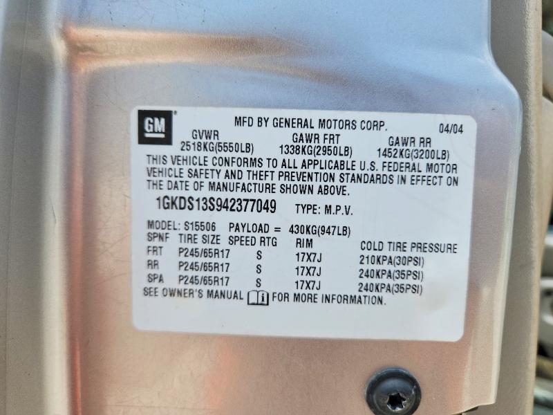 2004 Gmc Envoy მანქანა იყიდება აუქციონზე, vin: 1GKDS13S942377049, აუქციონის ნომერი: 65140066