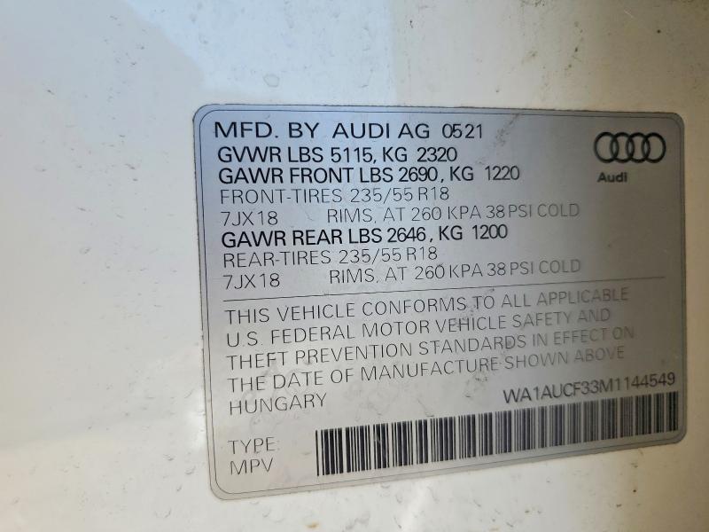 2021 Audi Q3 მანქანა იყიდება აუქციონზე, vin: WA1AUCF33M1144549, აუქციონის ნომერი: 63903946