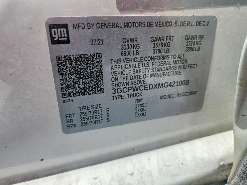 Продажа на аукционе авто 2021 Chevrolet Silverado, vin: 3GCPWCEDXMG421008, номер лота: 63701306