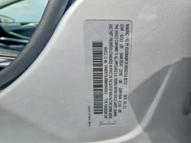 2011 Volkswagen Jetta მანქანა იყიდება აუქციონზე, vin: 3VWDX7AJ8BM346551, აუქციონის ნომერი: 66814486
