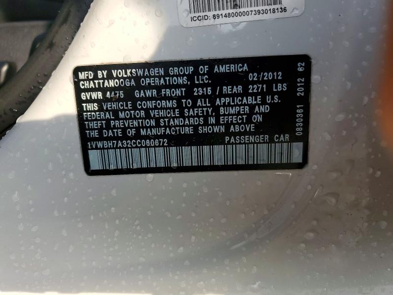 63732766 :رقم المزاد ، 1VWBH7A32CC060672 vin ، 2012 Volkswagen Passat مزاد بيع