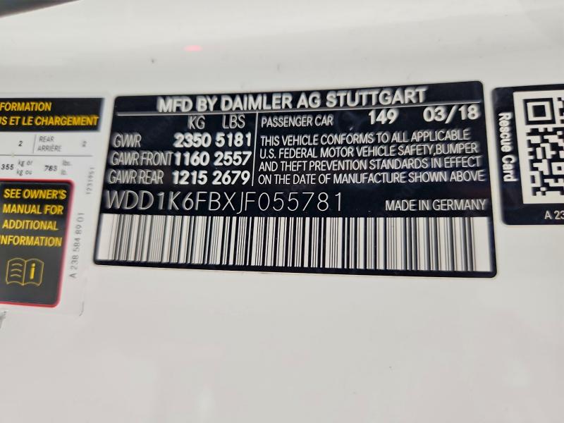 2018 Mercedes-benz E მანქანა იყიდება აუქციონზე, vin: WDD1K6FBXJF055781, აუქციონის ნომერი: 65167626