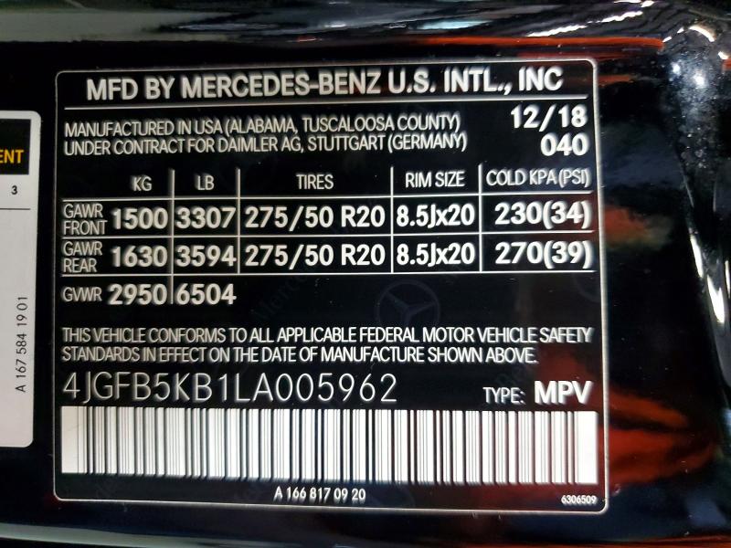 66585766 :رقم المزاد ، 4JGFB5KB1LA005962 vin ، 2020 Mercedes-benz Gle مزاد بيع
