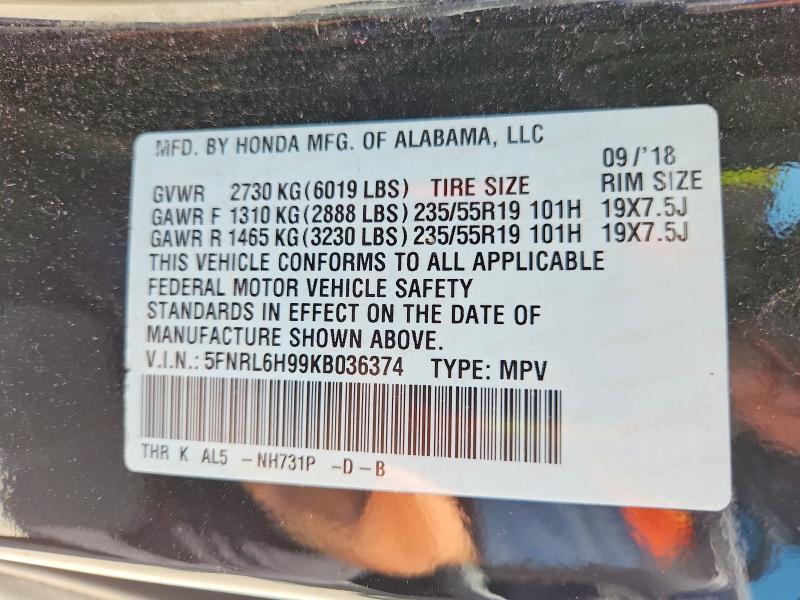 Aukcja sprzedaży 2019 Honda Odyssey, vin: 5FNRL6H99KB036374, numer aukcji: 65026756