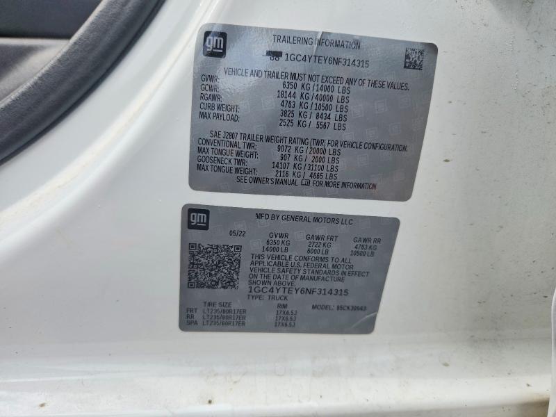 63558996 :رقم المزاد ، 1GC4YTEY6NF314315 vin ، 2022 Chevrolet Silverado مزاد بيع