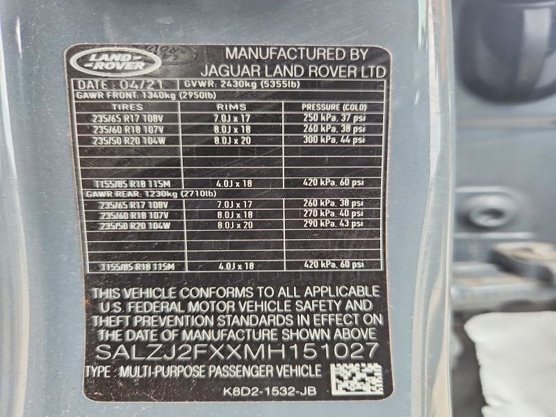 Auction sale of the 2021 Land Rover Range Rover Evoque, vin: SALZJ2FXXMH151027, lot number: 66707996