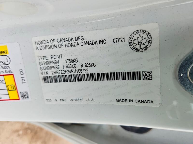 Продажа на аукционе авто 2022 Honda Civic, vin: 2HGFE2F24NH106729, номер лота: 63422916