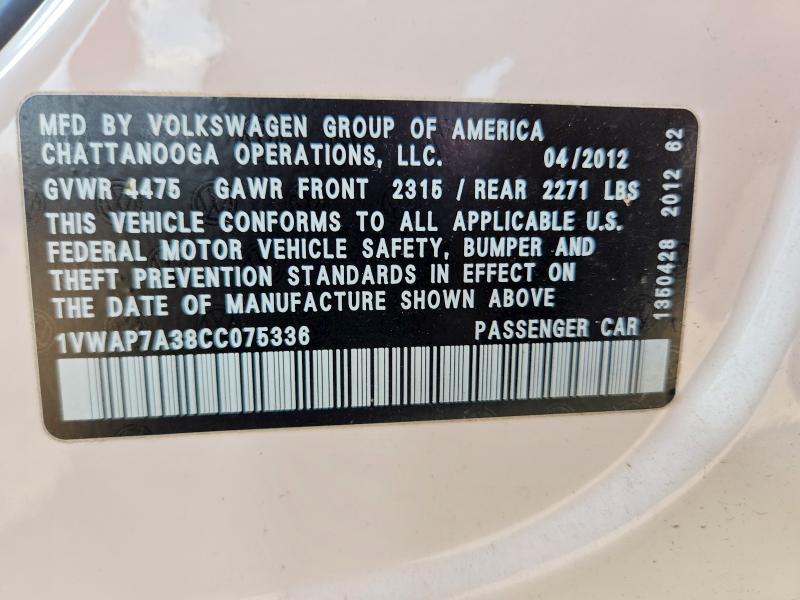 Aukcja sprzedaży 2012 Volkswagen Passat, vin: 1VWAP7A38CC075336, numer aukcji: 65530986