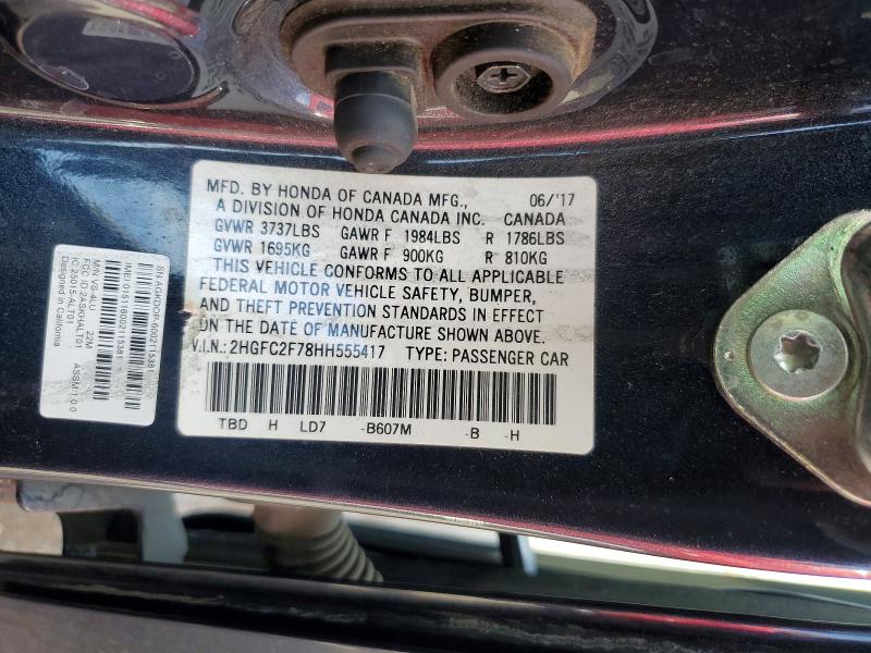 2017 Honda Civic მანქანა იყიდება აუქციონზე, vin: 2HGFC2F78HH555417, აუქციონის ნომერი: 64655346