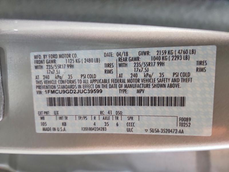 Продаж на аукціоні авто 2018 Ford Escape, vin: 1FMCU9GD2JUC39599, номер лоту: 66040816
