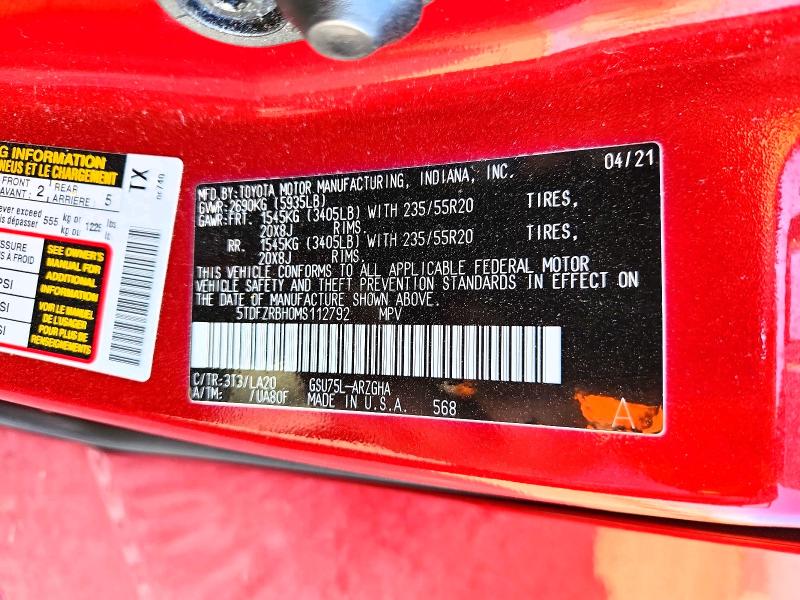 Aukcja sprzedaży 2021 Toyota Highlander, vin: 5TDFZRBH0MS112792, numer aukcji: 66748246