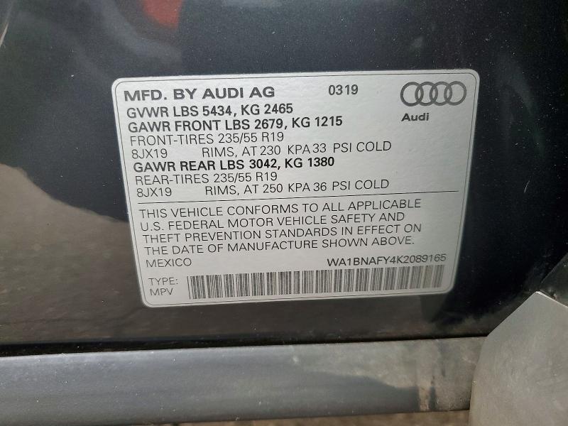 2019 Audi Q5 მანქანა იყიდება აუქციონზე, vin: WA1BNAFY4K2089165, აუქციონის ნომერი: 63767986