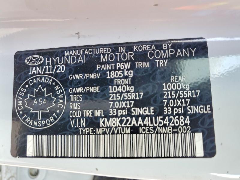 65342466 :رقم المزاد ، KM8K22AA4LU542684 vin ، 2020 Hyundai Kona مزاد بيع