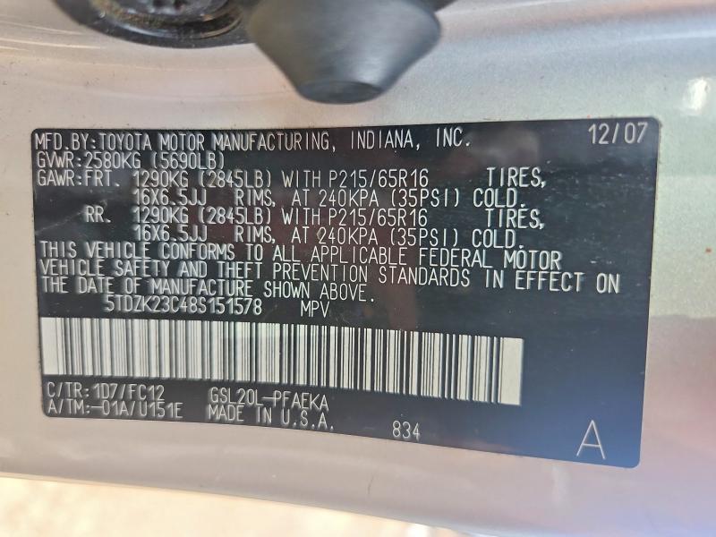 Aukcja sprzedaży 2008 Toyota Sienna, vin: 5TDZK23C48S151578, numer aukcji: 60274246