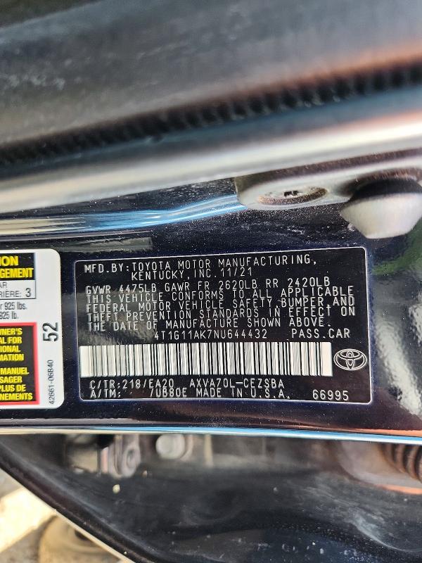 Продажа на аукционе авто 2022 Toyota Camry, vin: 4T1G11AK7NU644432, номер лота: 65087886