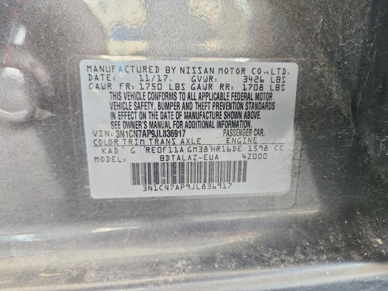 2018 Nissan Versa მანქანა იყიდება აუქციონზე, vin: 3N1CN7AP9JL836917, აუქციონის ნომერი: 64489696