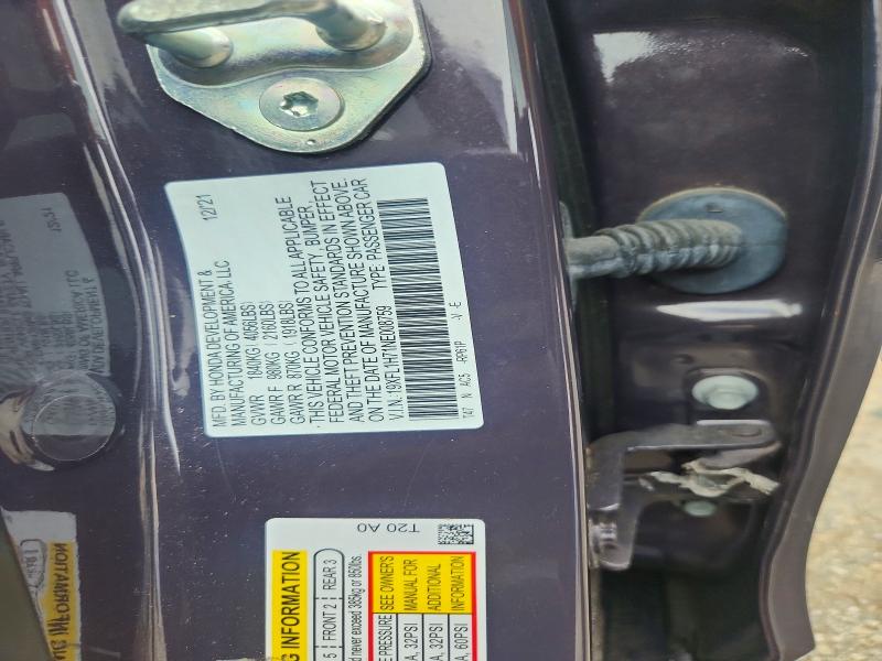 63833746 :رقم المزاد ، 19XFL1H71NE008759 vin ، 2022 Honda Civic مزاد بيع