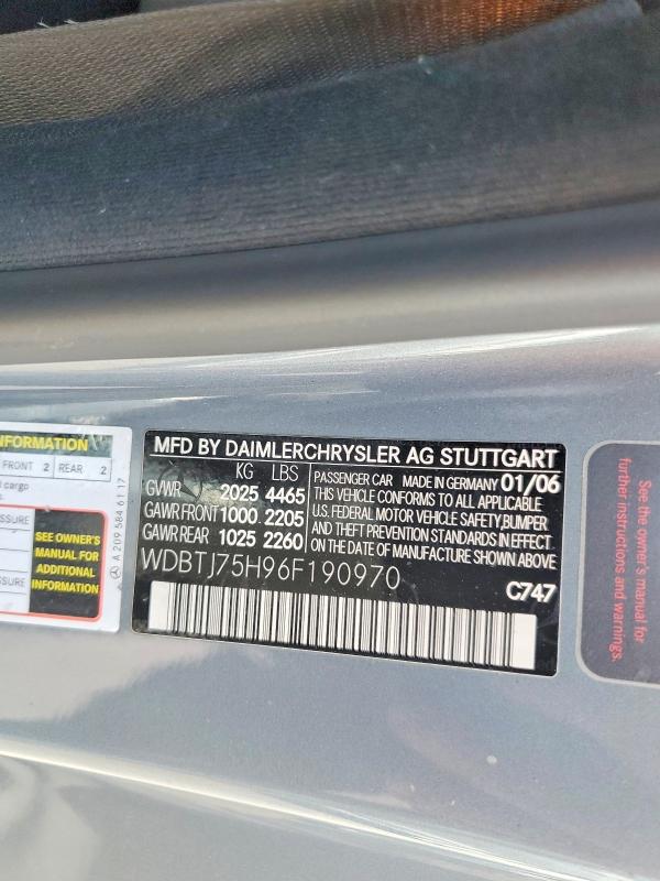 Aukcja sprzedaży 2006 Mercedes-benz Clk, vin: WDBTJ75H96F190970, numer aukcji: 65555106