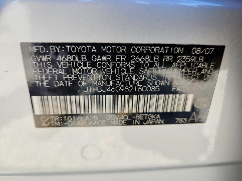 Продаж на аукціоні авто 2008 Lexus Es, vin: JTHBJ46G982160085, номер лоту: 66465676