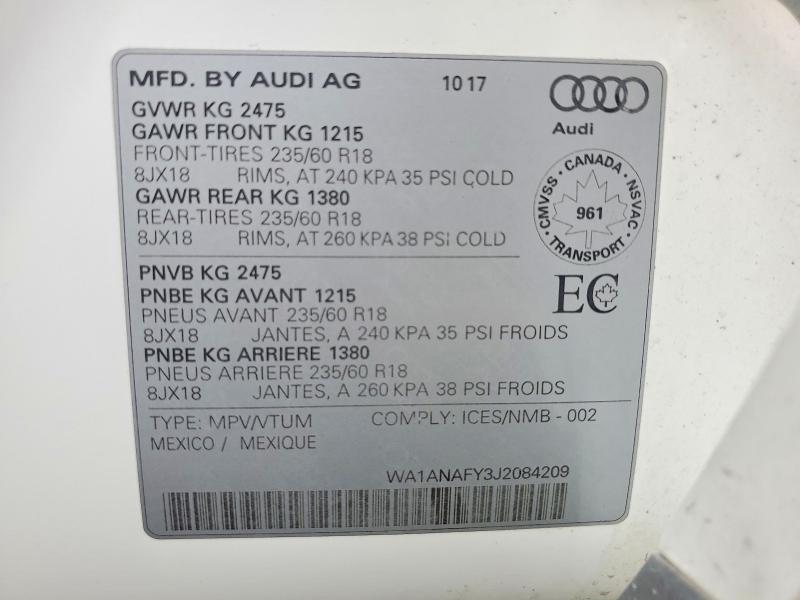 Продаж на аукціоні авто 2018 Audi Q5, vin: WA1ANAFY3J2084209, номер лоту: 61945066