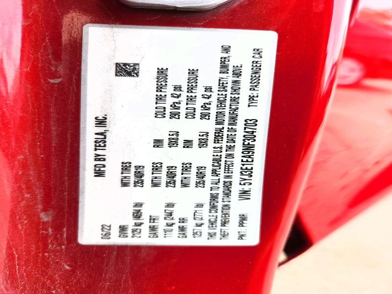 63441496 :رقم المزاد ، 5YJ3E1EA9NF304703 vin ، 2022 Tesla Model 3 مزاد بيع