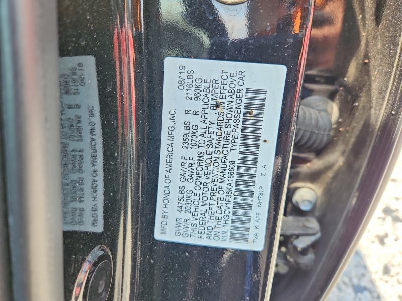 2019 Honda Accord მანქანა იყიდება აუქციონზე, vin: 1HGCV1F36KA166608, აუქციონის ნომერი: 66096006