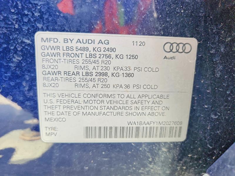 63987056 :رقم المزاد ، WA1BAAFY1M2027608 vin ، 2021 Audi Q5 مزاد بيع
