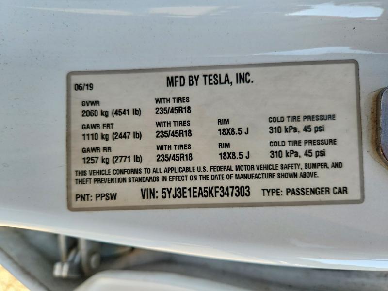 Aukcja sprzedaży 2019 Tesla Model 3, vin: 5YJ3E1EA5KF347303, numer aukcji: 66384546