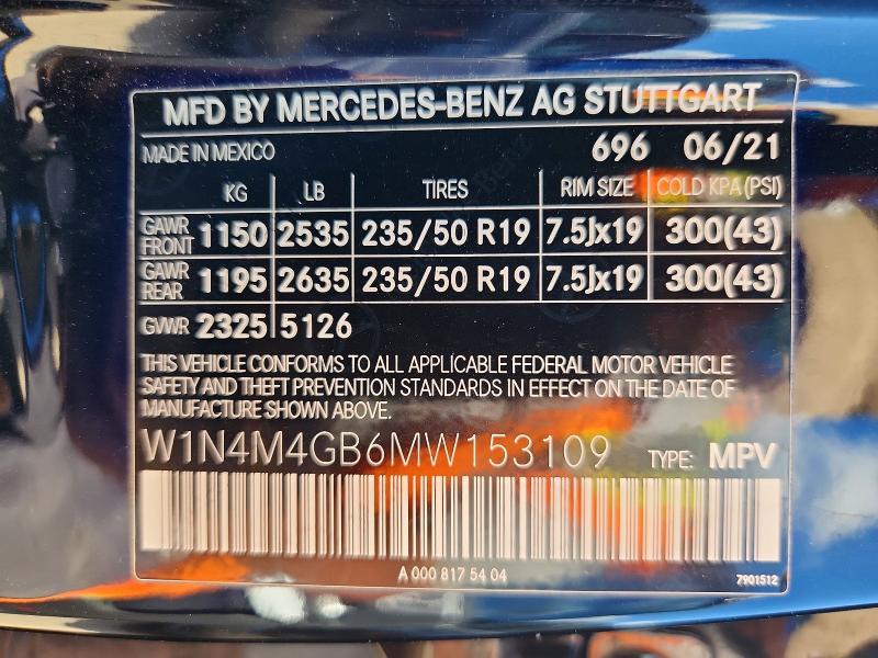 Aukcja sprzedaży 2021 Mercedes-benz Glb, vin: W1N4M4GB6MW153109, numer aukcji: 65031446