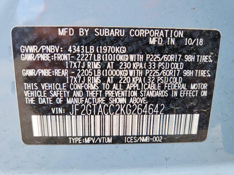 2019 Subaru Crosstrek მანქანა იყიდება აუქციონზე, vin: JF2GTACC2KG264642, აუქციონის ნომერი: 63748426